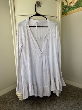 Free People White Waffle Knit Ruffle-Hem Mini Dress